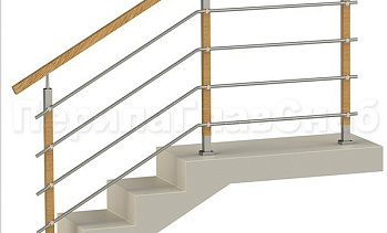 Четыре ригеля на держателях, квадратный деревянный поручень и стойки с деревянными вставками в Самаре. Готовые проекты ПерилаГлавСнаб