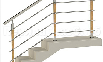 Четыре ригеля на держателях, квадратный поручень и стойки с деревянными вставками в Самаре. Готовые проекты ПерилаГлавСнаб